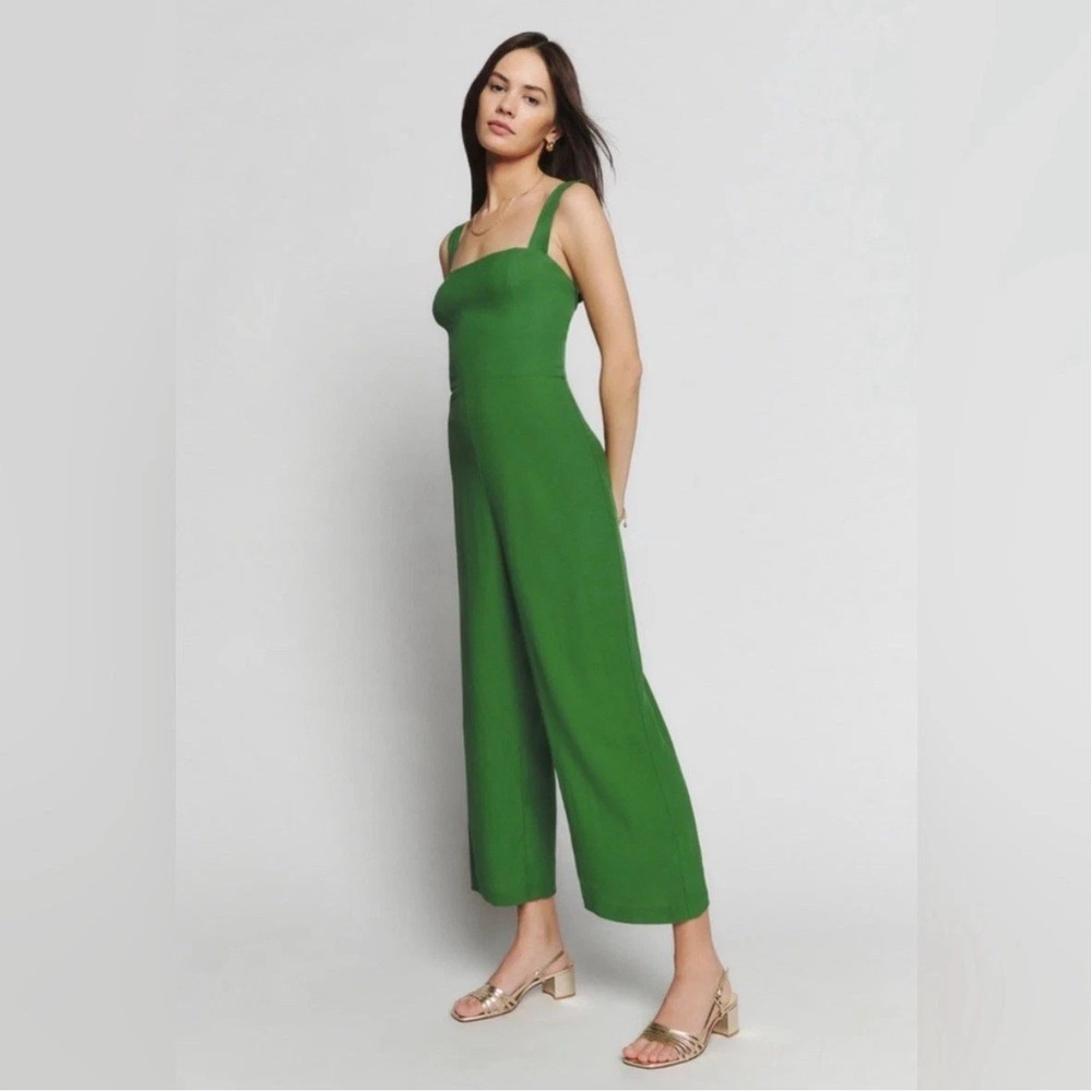 Reformation Alva Jumpsuit Womens 2 Kelly Green Smocked Wide Leg Sleeveless Crop
